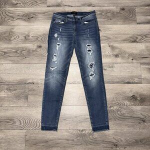 Judy Blue Low Rise Distressed Raw Hem Skinny Fit Jeans Faded Medium Wash Sz 9/29